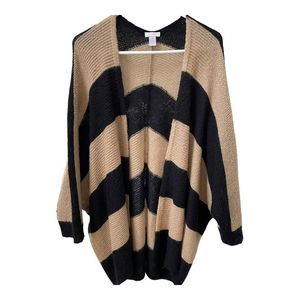 Chico’s Women’s Open Front Cardigan Sweater Tan Gold Black Striped Medium (8)